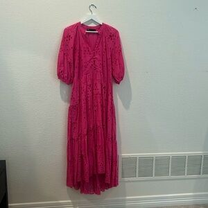 ASOS Edition Pink High Low Maxi Broderie Eyelet Dress with Puff Sleeves US 6